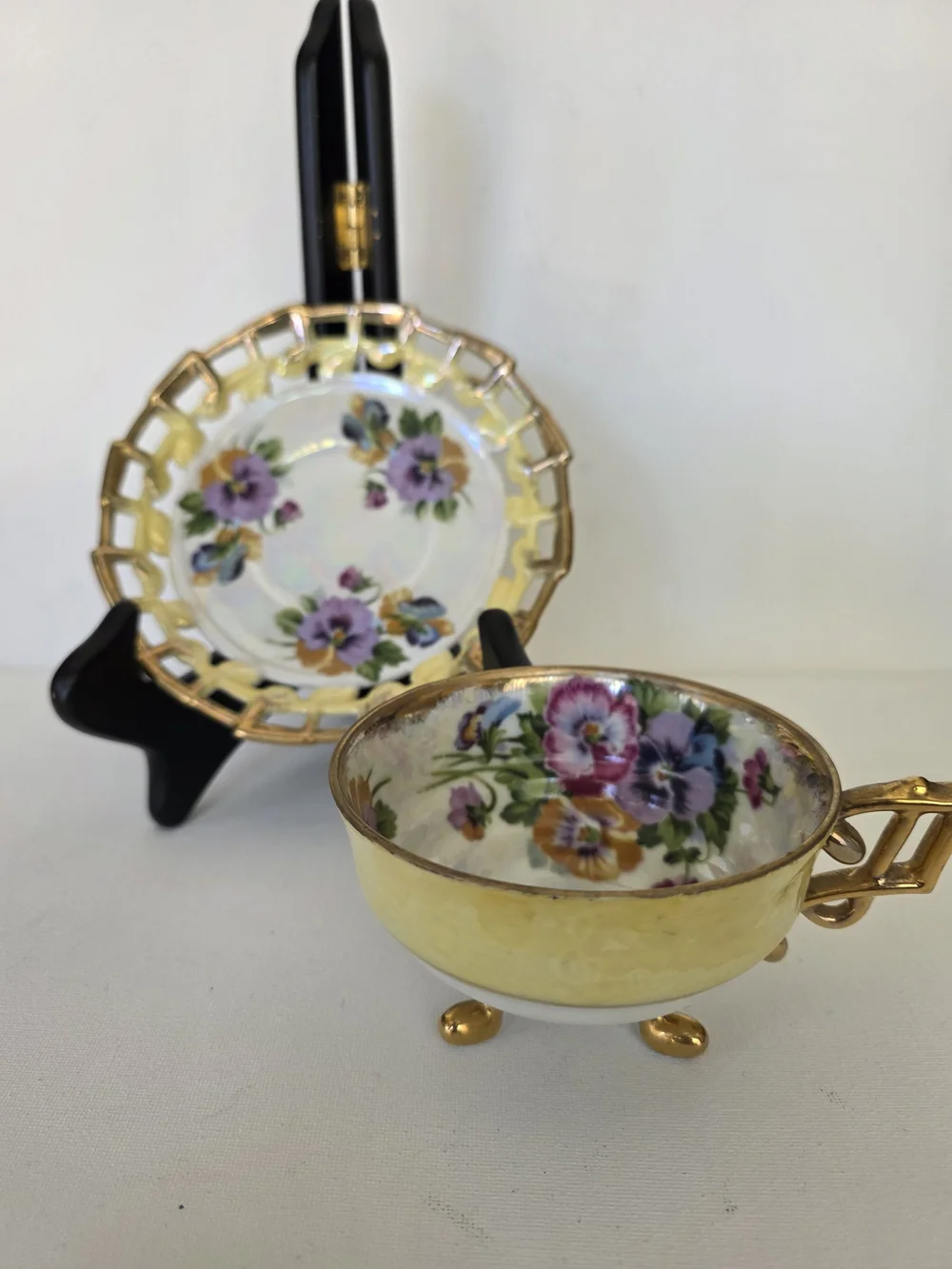 Vintage NapcoYellow Floral Porcelain Demitasse Cup and Saucer with Gold Trim